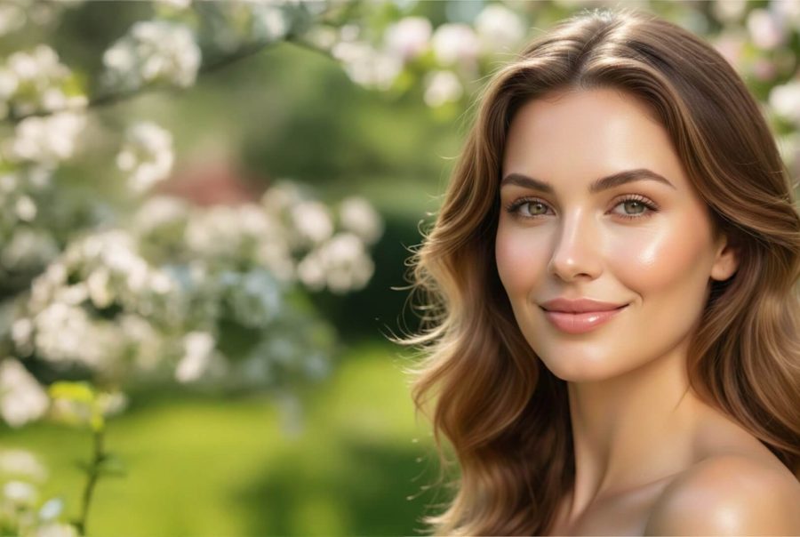 Beautiful woman in garden setting looking radiant after her Profhilo treatment.