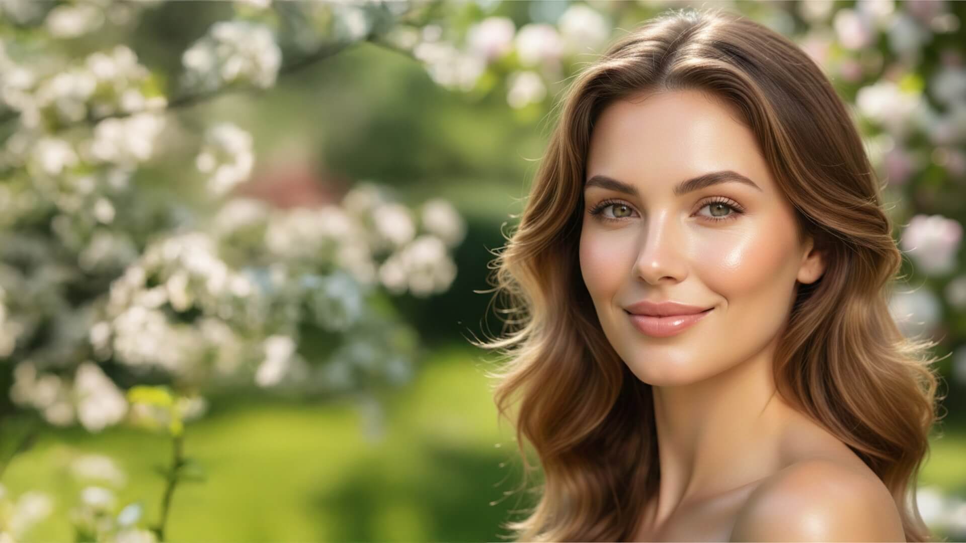 Beautiful woman in garden setting looking radiant after her Profhilo treatment.